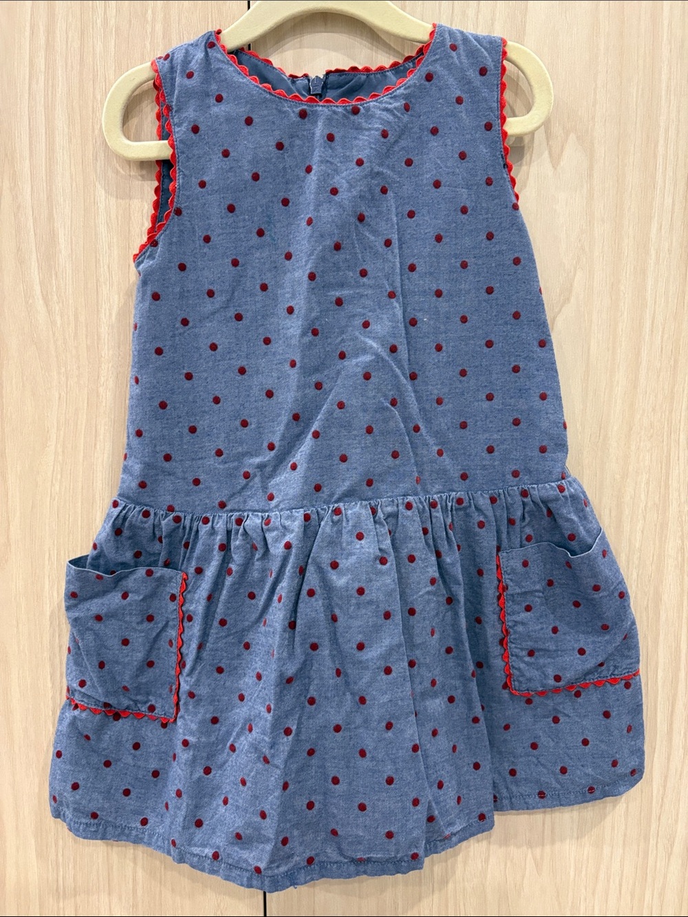 Mini Boden Blue Chambray Dress with Red Polka Dots and Pockets